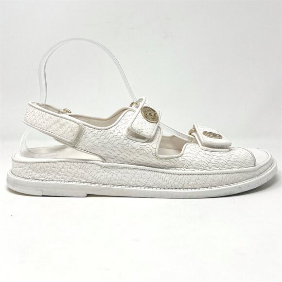 Chanel White Textured Leather Dad Flat Sandals 39.5‎ - Picture 4 of 9